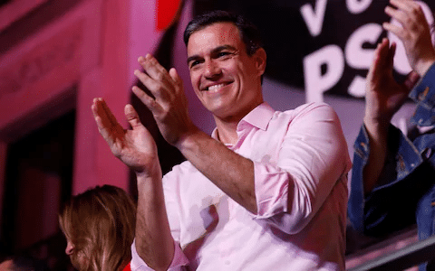 Prime Minister Pedro Sanchez addresses supporters outside of the PSOE (Spain Socialist Workerss Party)