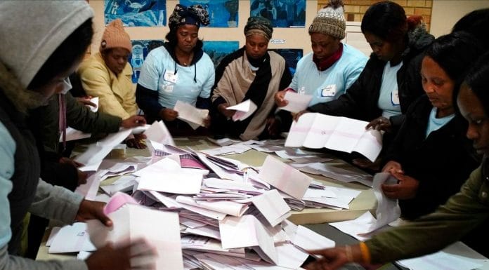 Electoral commission agents start counting the votes in Wednesday May 8, 2019 general elections in Johannesburg, South Africa