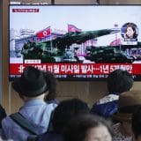A TV broadcast in Seoul, South Korea, showing file footage of North Korea’s missiles on Saturday. North Korea fired several unidentified short-range projectiles off its eastern coast.