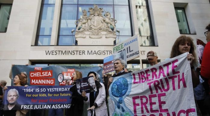 Supporters of WikiLeaks founder Julian Assange protest outside Westminster Magistrates' Court on Thursday