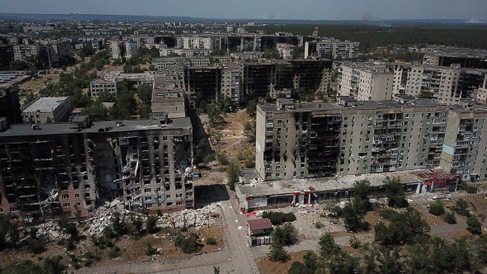 An aerial view of damaged sites from eastern Ukraine city of Severodonetsk located in which Russian forces now in control, in Luhansk Oblast, Ukraine on July 09, 2022. (