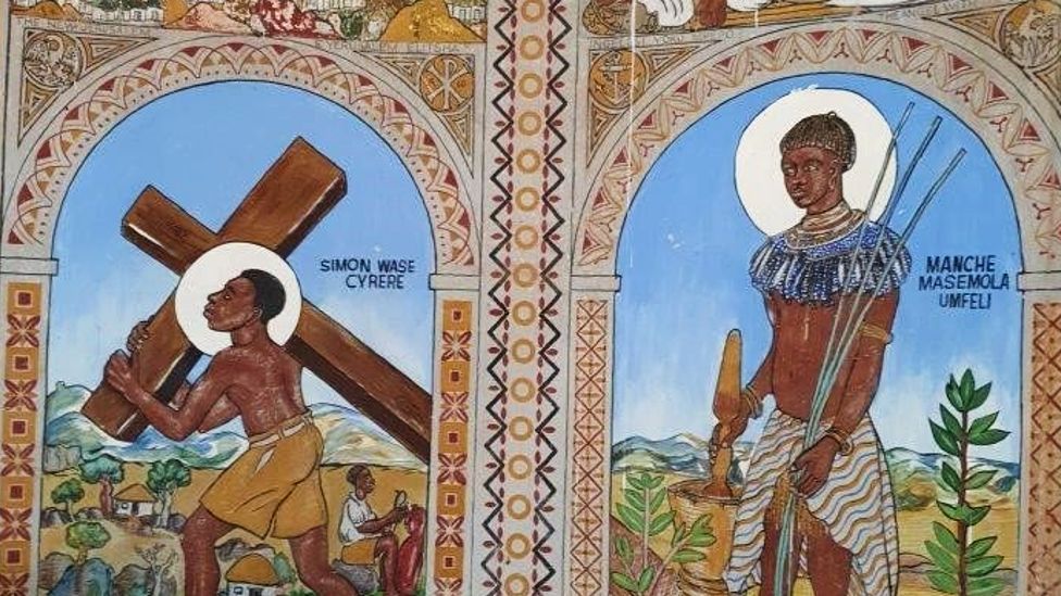 Murals above the altar at the Cyrene Mission Chapel, 2022