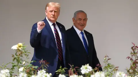 Getty Images US President Donald Trump arrives with Israeli Prime Minister Benjamin Netanyahu