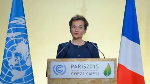 Getty Images Dressed in a smart blue dress and flanked by the flags of the United Nations and France, Christiana Figueres makes a speech during the opening of COP21 in Paris in 2015