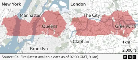 Maps showing the size of the Palisades fire, as of 23:00 PST, 8 January, (07:00 GMT, 9 January) when superimposed on to maps of New York, on the left, and London, on the right. It is comparable in size with an area stretching from Clapham to Greenwich in the UK's capital, or with large areas of lower Manhattan and Queens