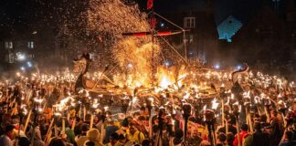 Up Helly Aa: Hundreds of torchbearers gather on Scottish island for Viking fire festival