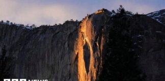 Watch: Yosemite waterfall turns molten orange