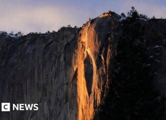 Watch: Yosemite waterfall turns molten orange