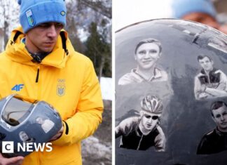 Who is on helmet that led to Ukrainian athlete's Winter Olympics ban?