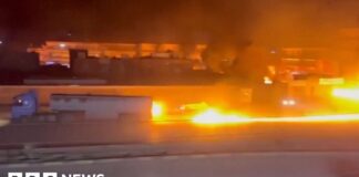 Watch: Fuel truck leaves trail of fire on road in Syria