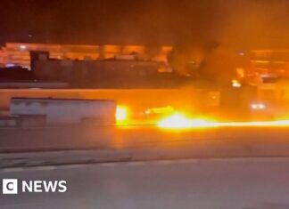 Watch: Fuel truck leaves trail of fire on road in Syria